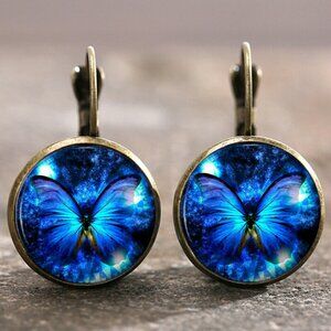 NEW Blue Purple Black Mystic Butterfly Glass Cabochon Pierced Drop Earrings